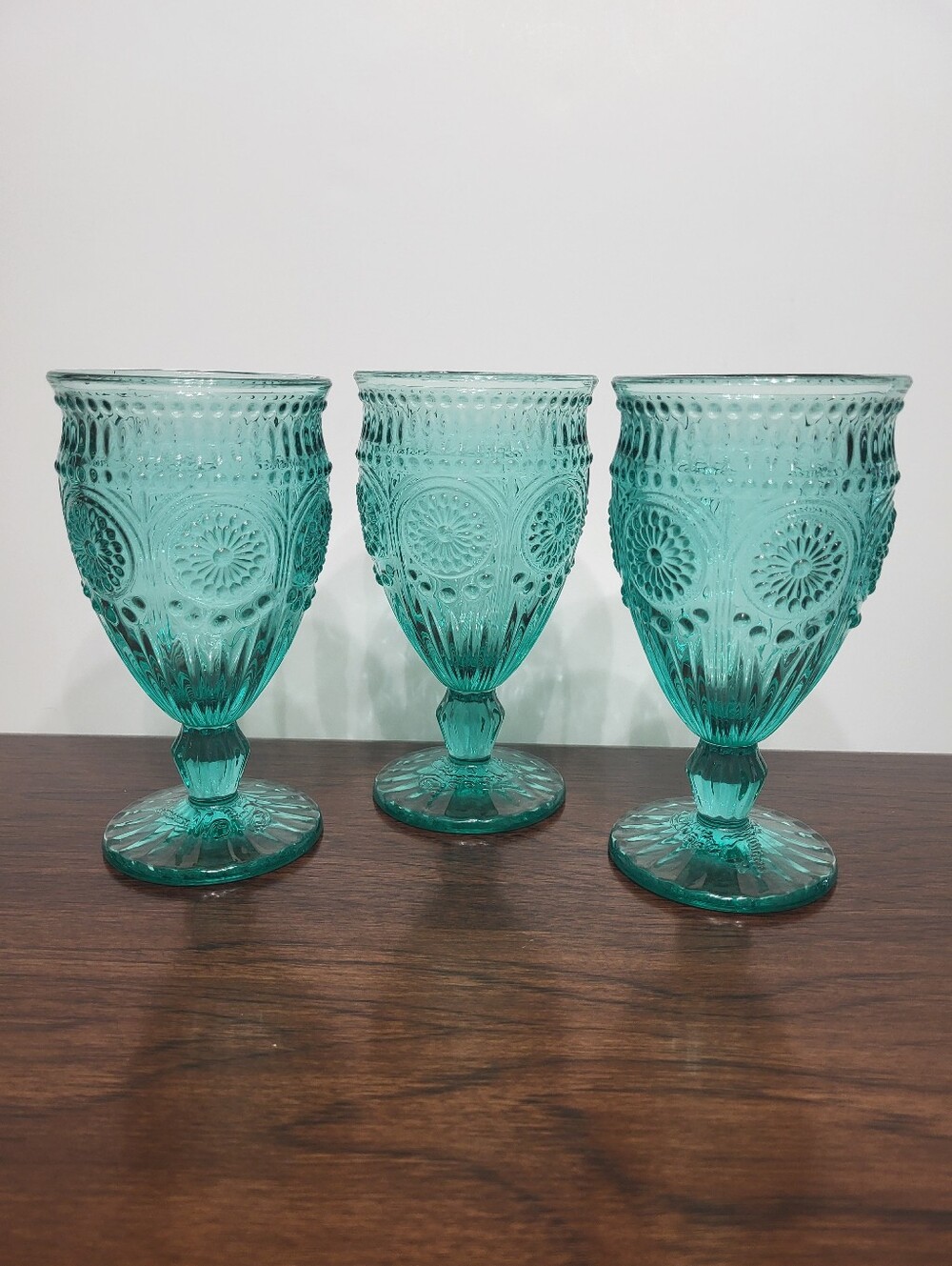 The Pioneer Woman Adeline 12-Ounce Footed Glass Goblet in Turquoise, Set of 3